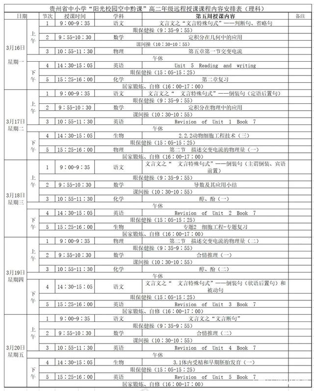 《阳光校园空中黔课》高二年级3月16日-20日课程表介绍