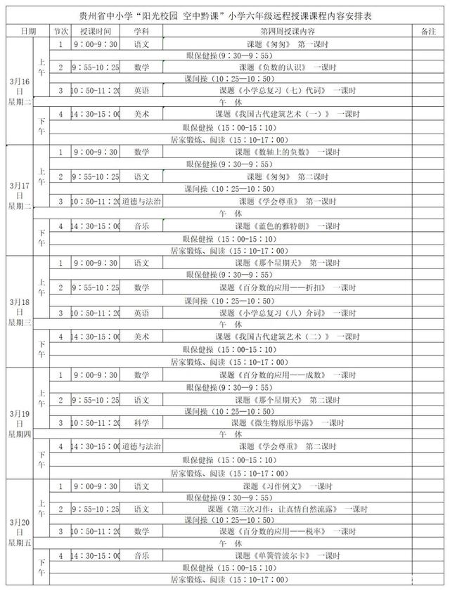 《阳光校园空中黔课》六年级3月16日-20日课程表介绍