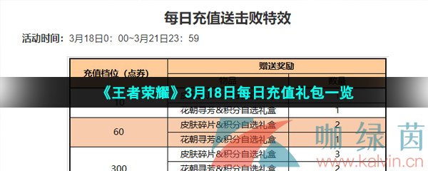 《王者荣耀》3月18日每日充值礼包一览