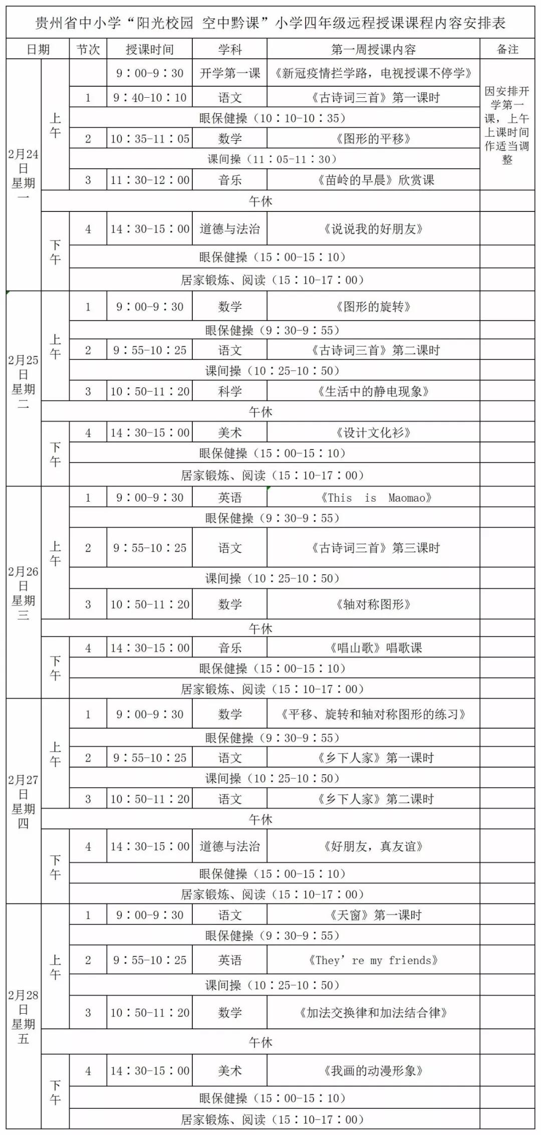 《阳光校园空中黔课》全省各年级课程安排表