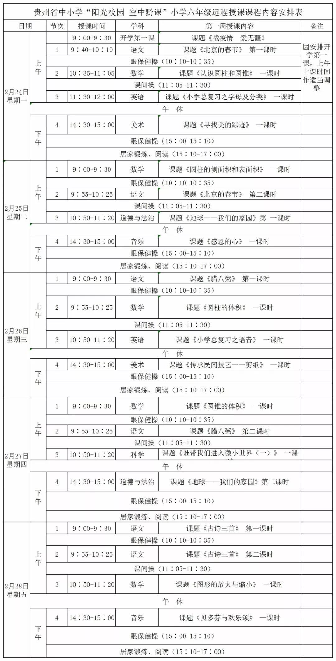 《阳光校园空中黔课》全省各年级课程安排表