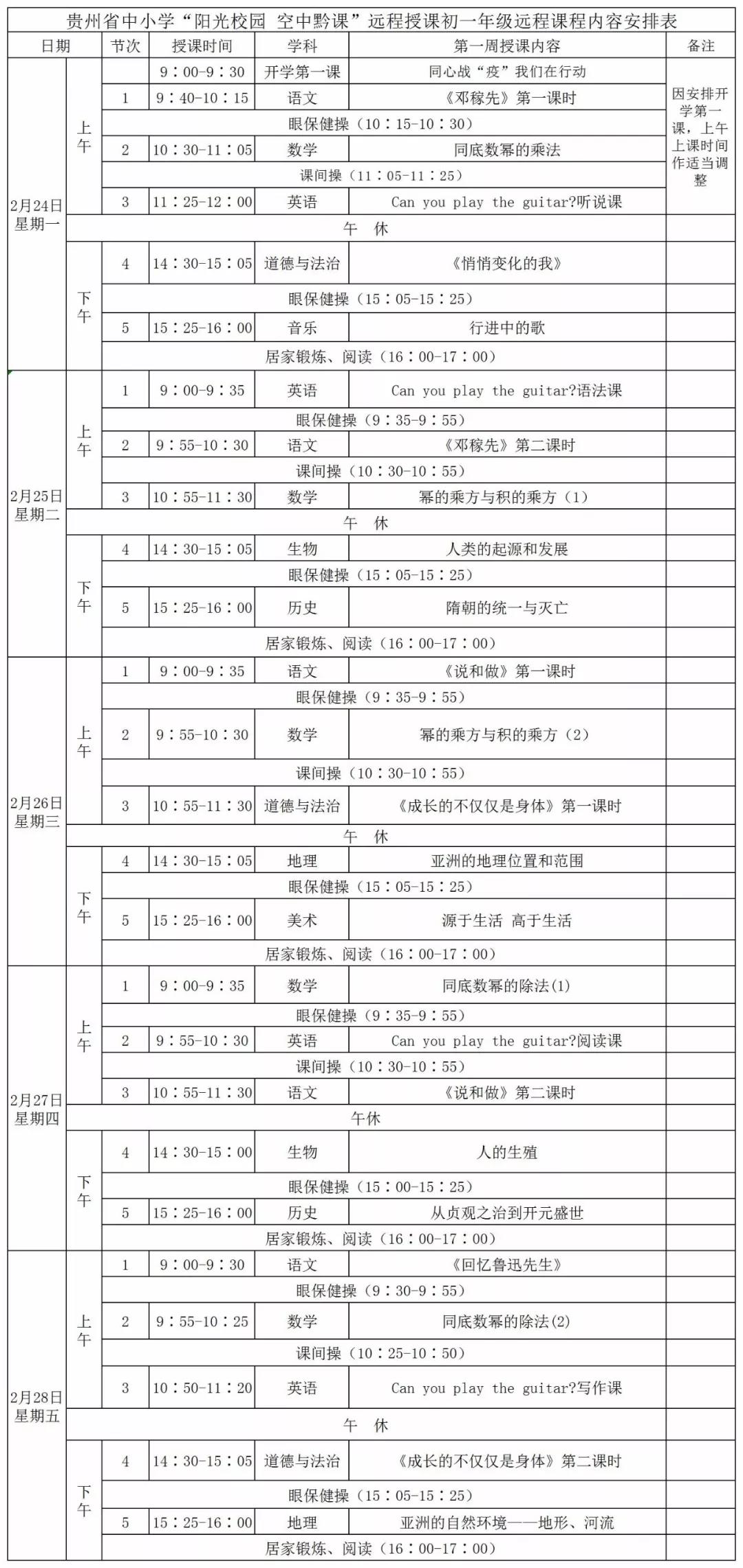 《阳光校园空中黔课》全省各年级课程安排表