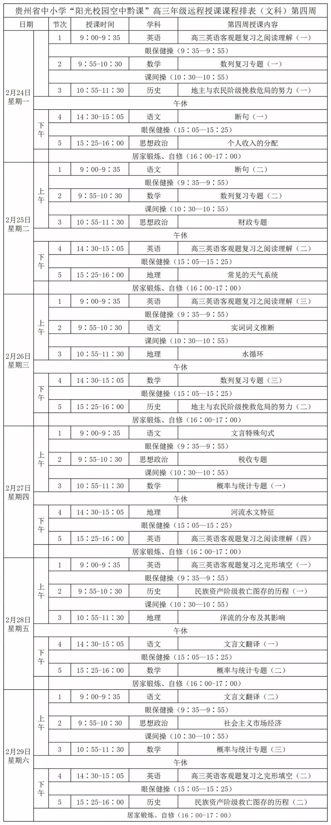 《阳光校园空中黔课》全省各年级课程安排表